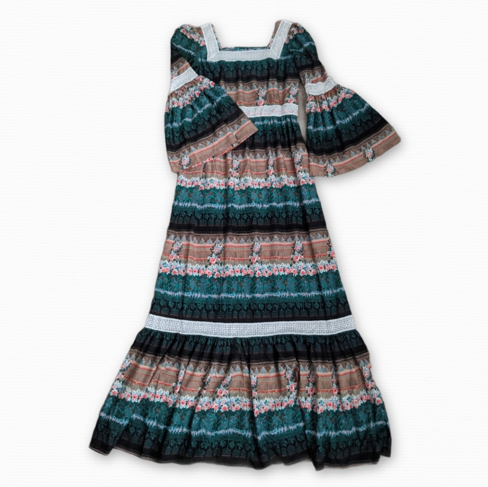 Vintage Bell Sleeve Multi Print Maxi Peasant Summer Dress